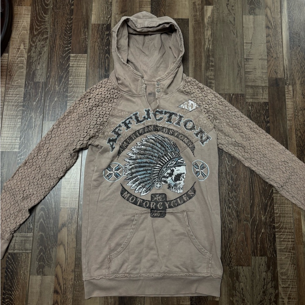 VTG rhinestone Affliction Tan Graphic Hoodie with lace sleeve
